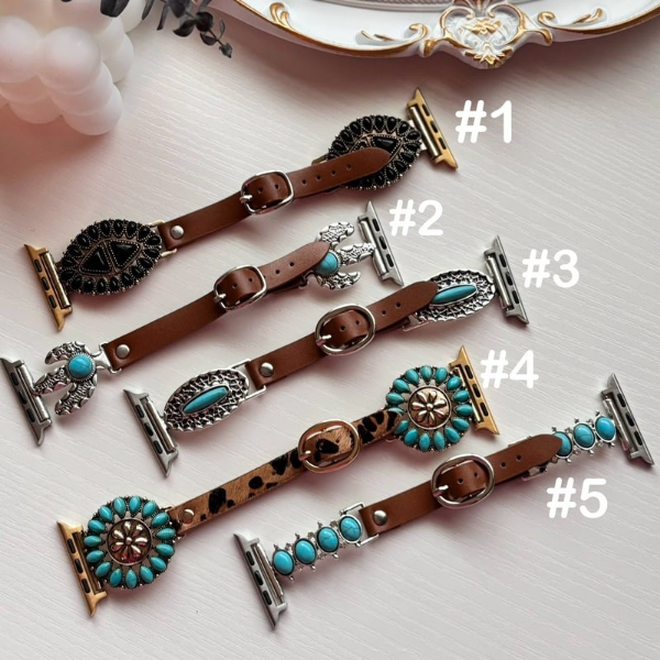 Turquoise stones with leather strap .