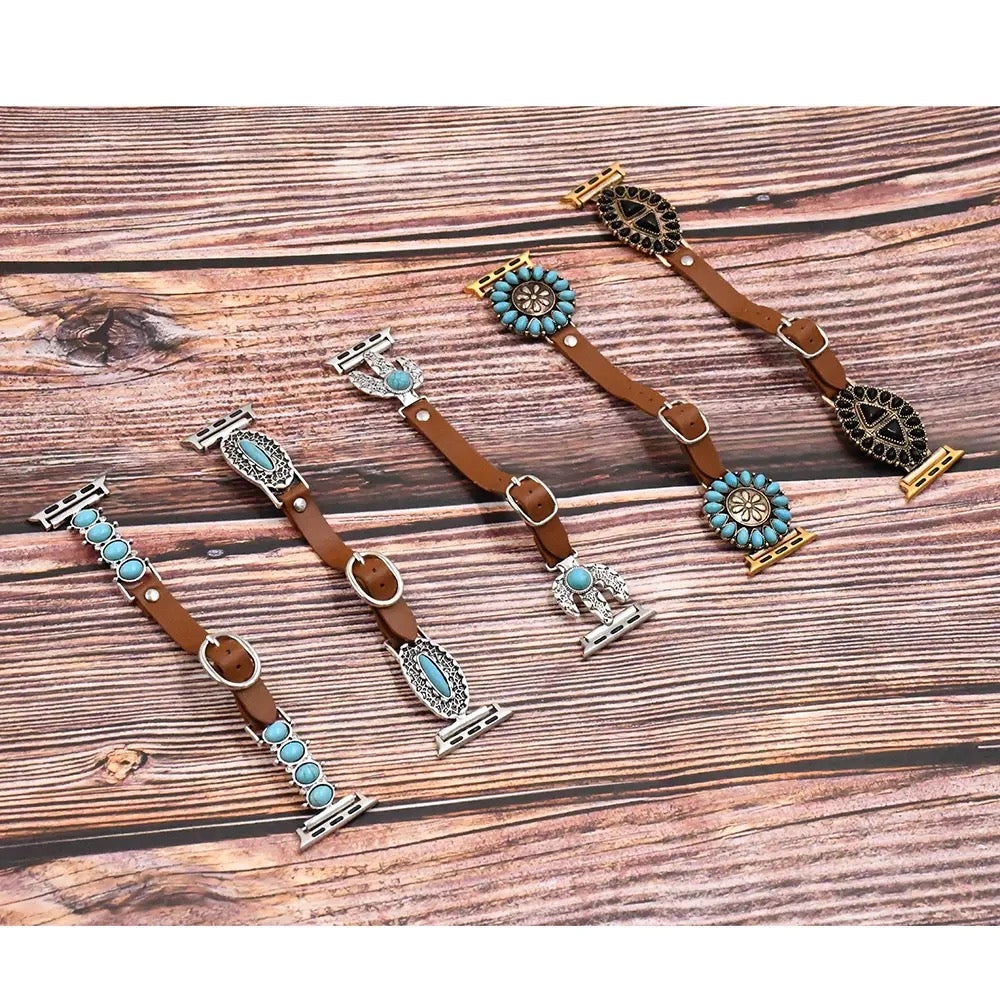 Turquoise stones with leather strap .