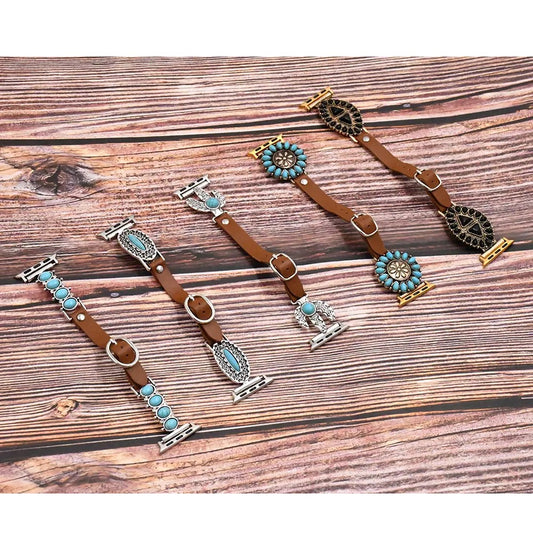 Turquoise stones with leather strap .